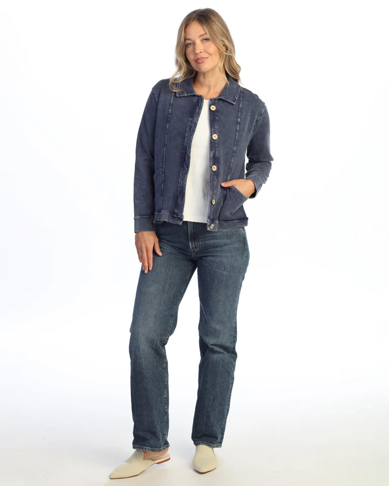 JESS & JANE Mineral Washed Terry Spandex Collared Jacket w/ Cargo Pockets and Buttons - M157 - DENIM