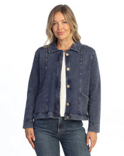 JESS & JANE Mineral Washed Terry Spandex Collared Jacket w/ Cargo Pockets and Buttons - M157 - DENIM