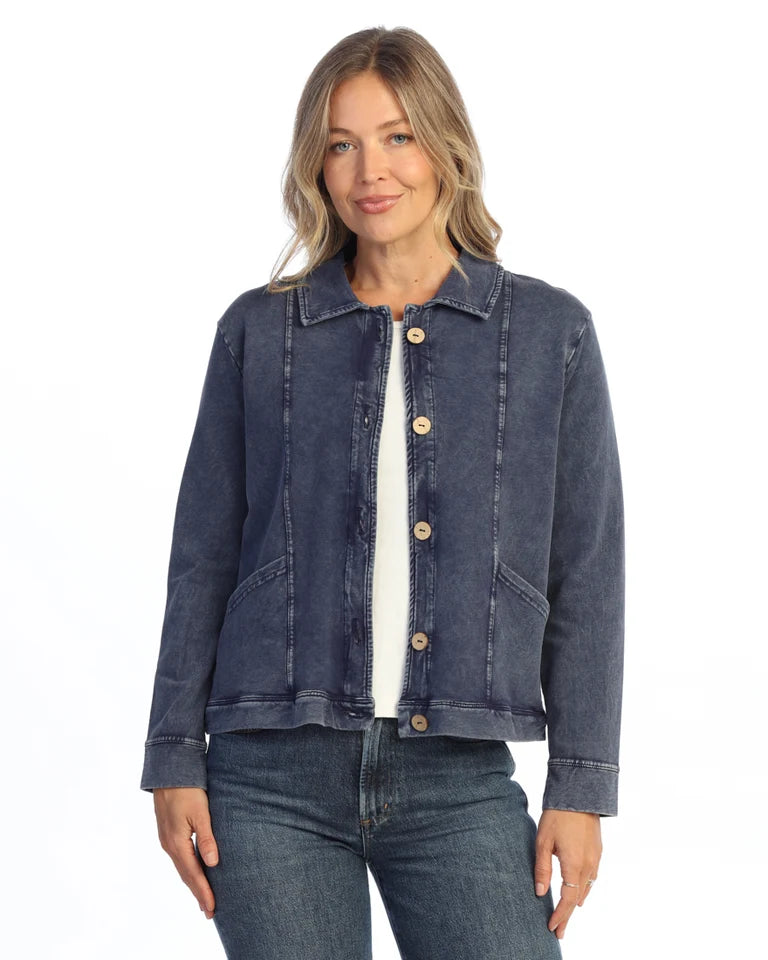 JESS & JANE Mineral Washed Terry Spandex Collared Jacket w/ Cargo Pockets and Buttons - M157 - DENIM