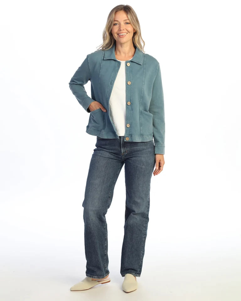 JESS & JANE Mineral Washed Terry Spandex Collared Jacket w/ Cargo Pockets and Buttons - M157 - MIDWASH DENIM