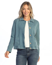 JESS & JANE Mineral Washed Terry Spandex Collared Jacket w/ Cargo Pockets and Buttons - M157 - MIDWASH DENIM