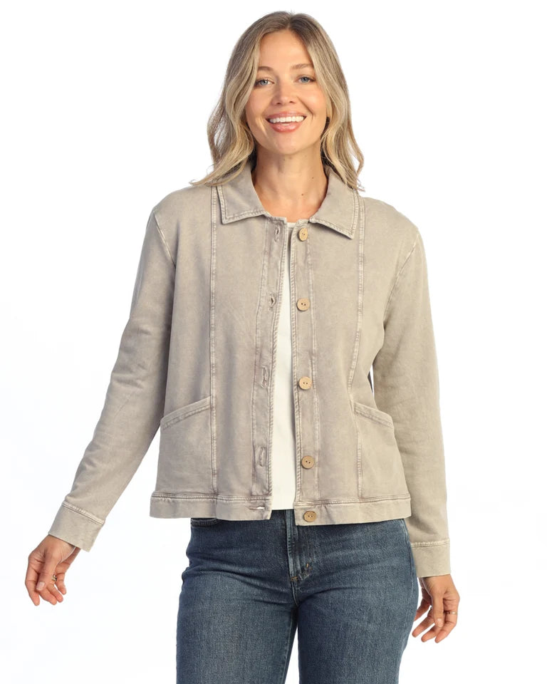 JESS & JANE Mineral Washed Terry Spandex Collared Jacket w/ Cargo Pockets and Buttons - M157 - SLATE