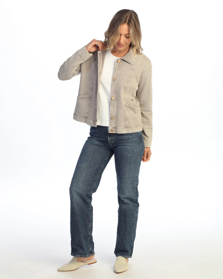 JESS & JANE Mineral Washed Terry Spandex Collared Jacket w/ Cargo Pockets and Buttons - M157 - SLATE