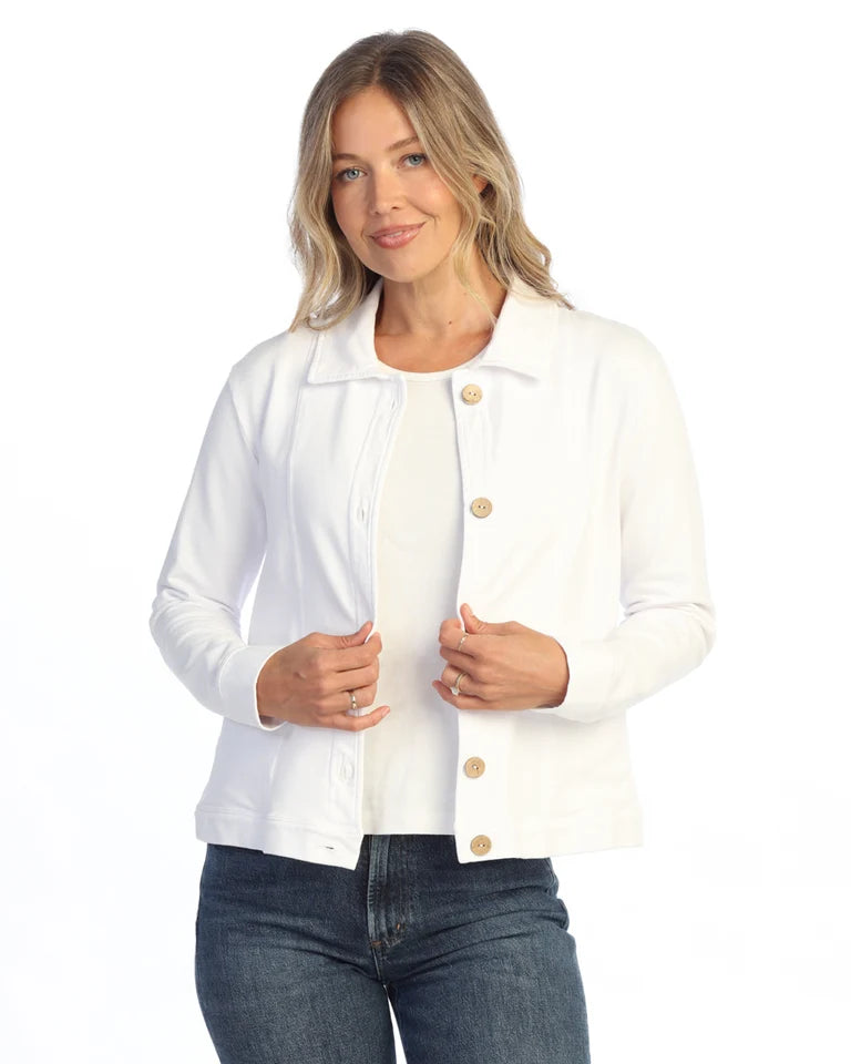 JESS & JANE Garment Dyed Terry Spandex Collared Jacket w/ Cargo Pockets and Buttons - M157 - WHITE