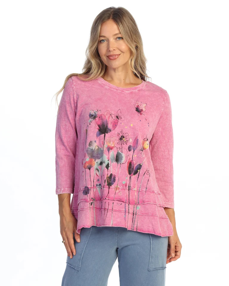 JESS & JANE Mineral Washed Cotton Slub Ruffle Layered Tunic Top - M66-2332 - MAGENTA BONNIE