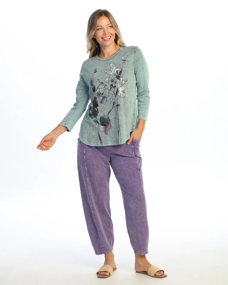JESS & JANE Mineral Washed Baby Rib Cotton 3/4 Sleeve Tunic Top - M80-2333 - TEAL MONA