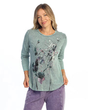 JESS & JANE Mineral Washed Baby Rib Cotton 3/4 Sleeve Tunic Top - M80-2333 - TEAL MONA