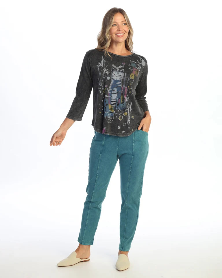 JESS & JANE Mineral Washed Baby Rib Cotton 3/4 Sleeve Tunic Top - M80-2339 - M80-2342 - BLACK HAPPY PAWS