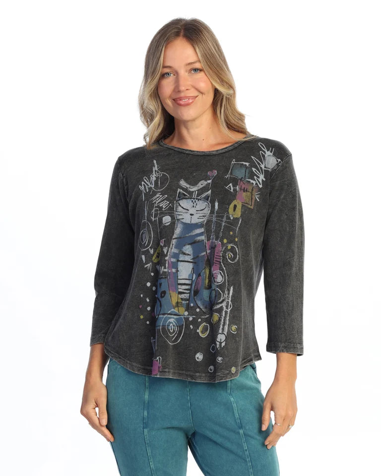 JESS & JANE Mineral Washed Baby Rib Cotton 3/4 Sleeve Tunic Top - M80-2339 - M80-2342 - BLACK HAPPY PAWS