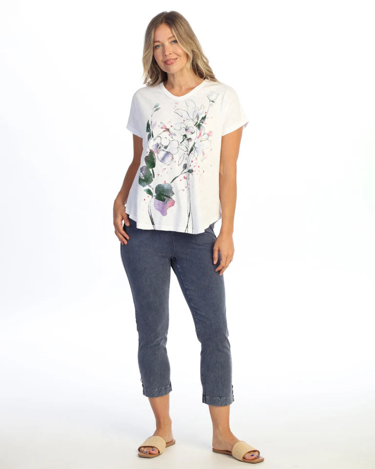 JESS & JANE Garment Dyed Cotton Slub Short Sleeve V-Neck Top - M91-2333 - WHITE MONA