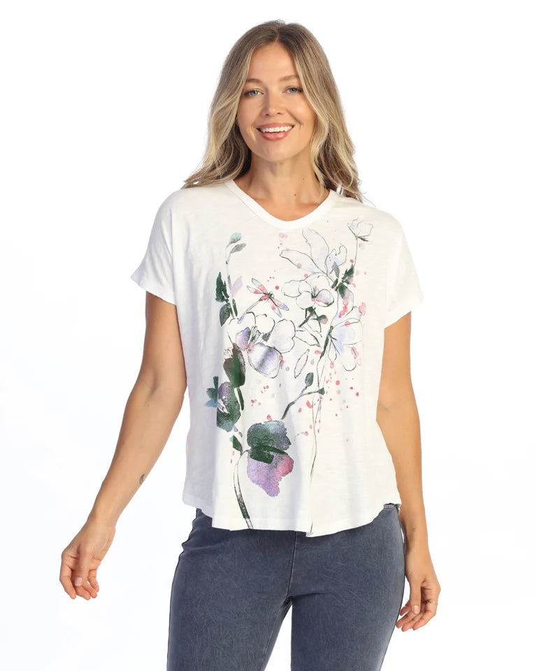 JESS & JANE Garment Dyed Cotton Slub Short Sleeve V-Neck Top - M91-2333 - WHITE MONA