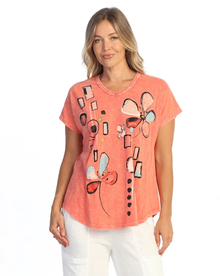 JESS & JANE Mineral Washed Cotton Slub Short Sleeve V-Neck Top - M91-2340 - WATERMELON MEMENTO
