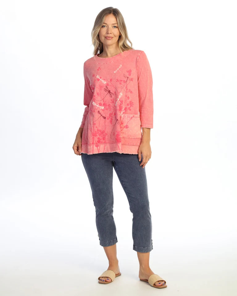 JESS & JANE Mineral Washed Cotton Slub Tunic Top w/ Cotton Linen Pocket - M94-2328 - CORAL VICTORIA