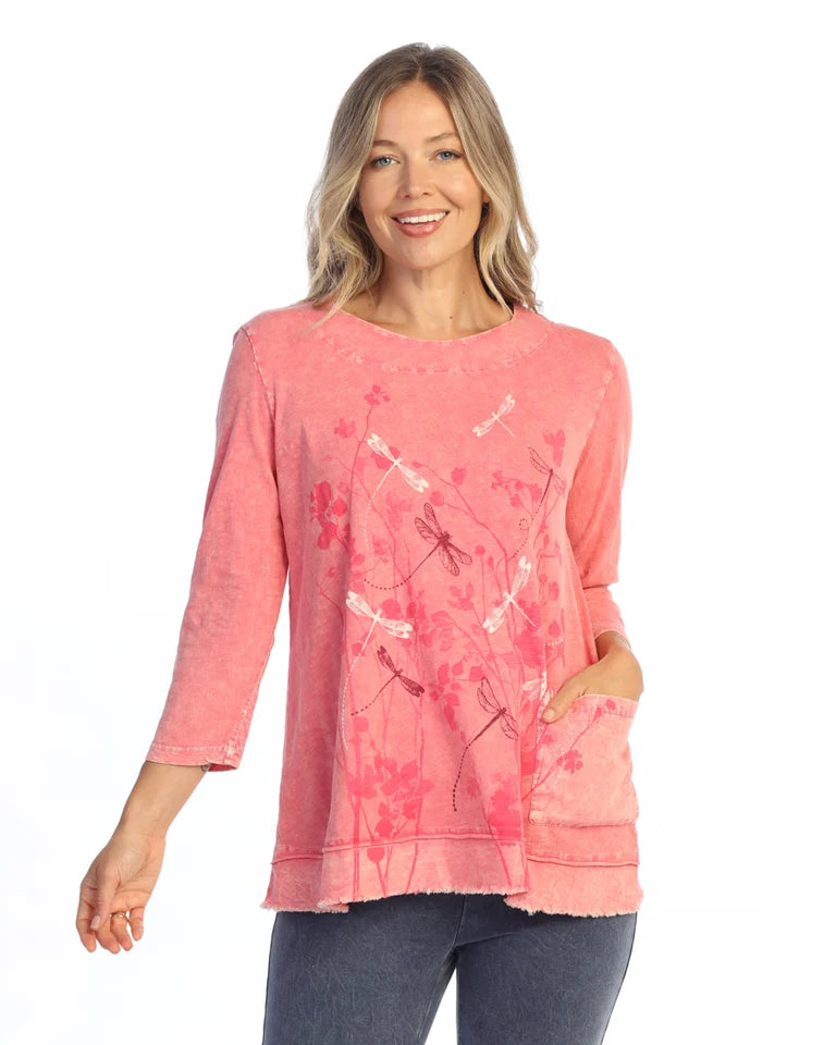 JESS & JANE Mineral Washed Cotton Slub Tunic Top w/ Cotton Linen Pocket - M94-2328 - CORAL VICTORIA