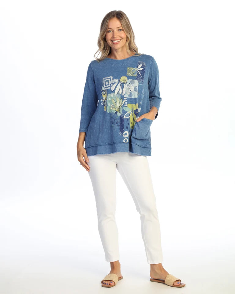 JESS & JANE Mineral Washed Cotton Slub Tunic Top w/ Cotton Linen Pocket - M94-2337 - INDIGO MARGARET