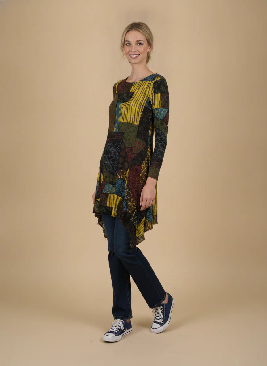 MOONLIGHT Multicolor Abstract Cowl Neck Long Sleeve Dress - MD6014 - KIWI/MIX