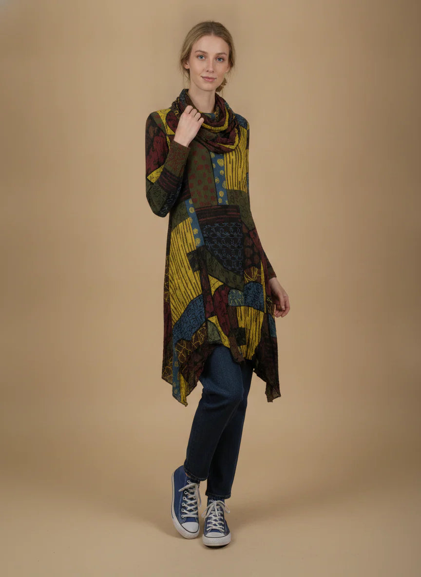MOONLIGHT Multicolor Abstract Cowl Neck Long Sleeve Dress - MD6014 - KIWI/MIX