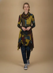 MOONLIGHT Multicolor Abstract Cowl Neck Long Sleeve Dress - MD6014 - KIWI/MIX