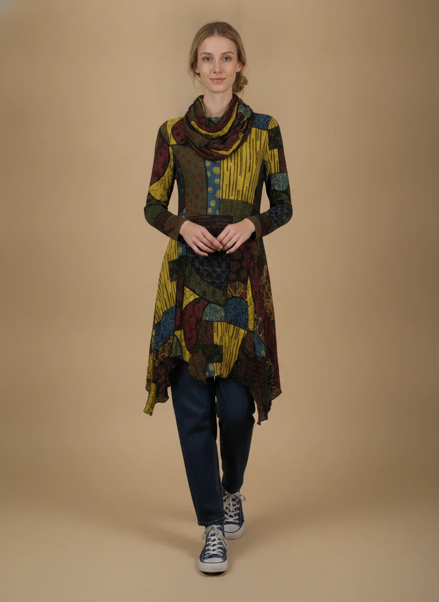 MOONLIGHT Multicolor Abstract Cowl Neck Long Sleeve Dress - MD6014 - KIWI/MIX