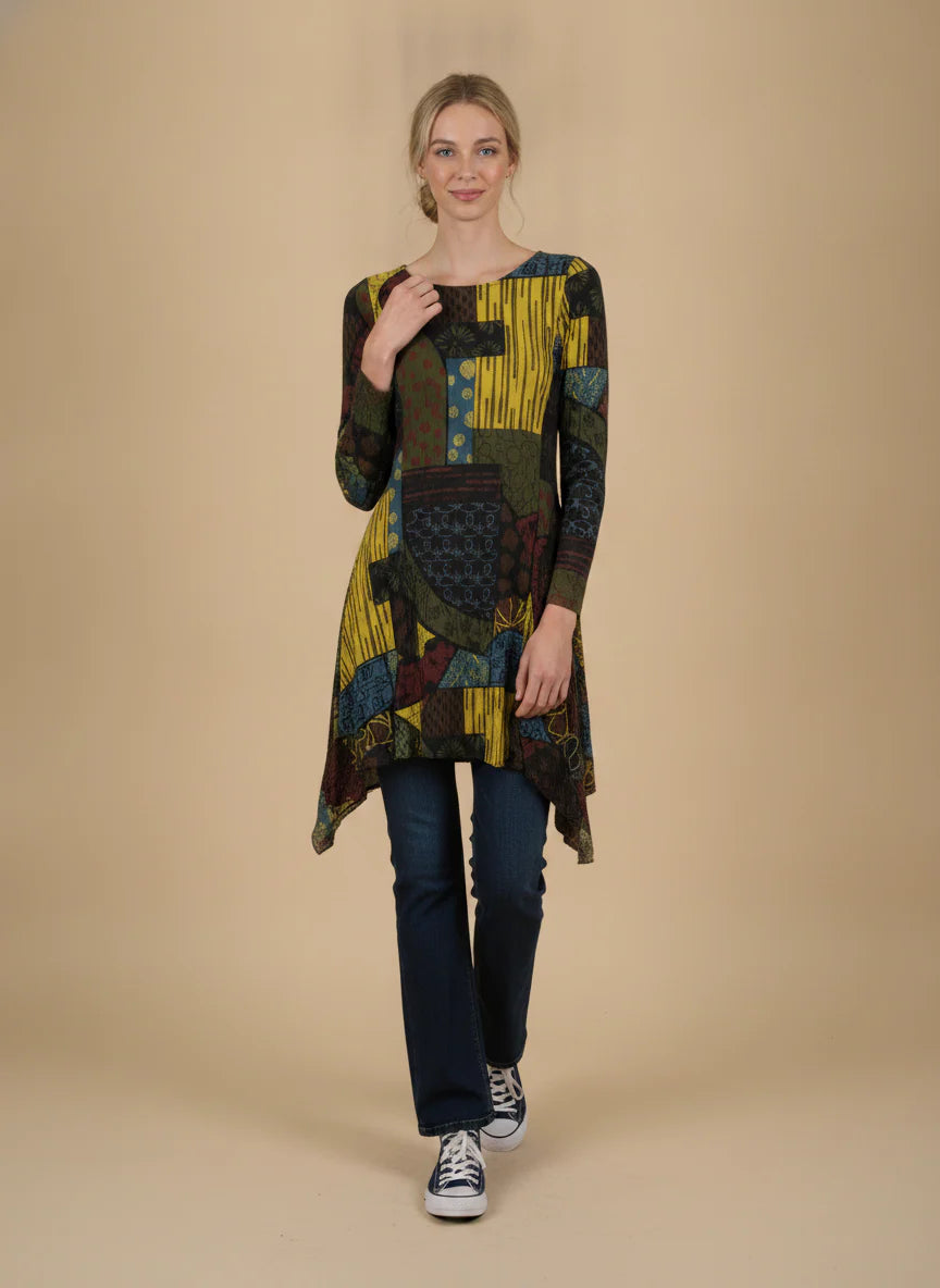 MOONLIGHT Multicolor Abstract Cowl Neck Long Sleeve Dress - MD6014 - KIWI/MIX