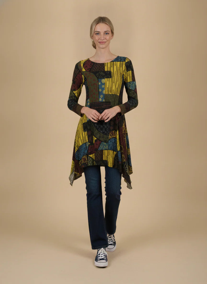 MOONLIGHT Multicolor Abstract Cowl Neck Long Sleeve Dress - MD6014 - KIWI/MIX