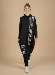 MOONLIGHT Black and White Abstract Print Cowl Neck Black Long Sleeve Dress - MD6017