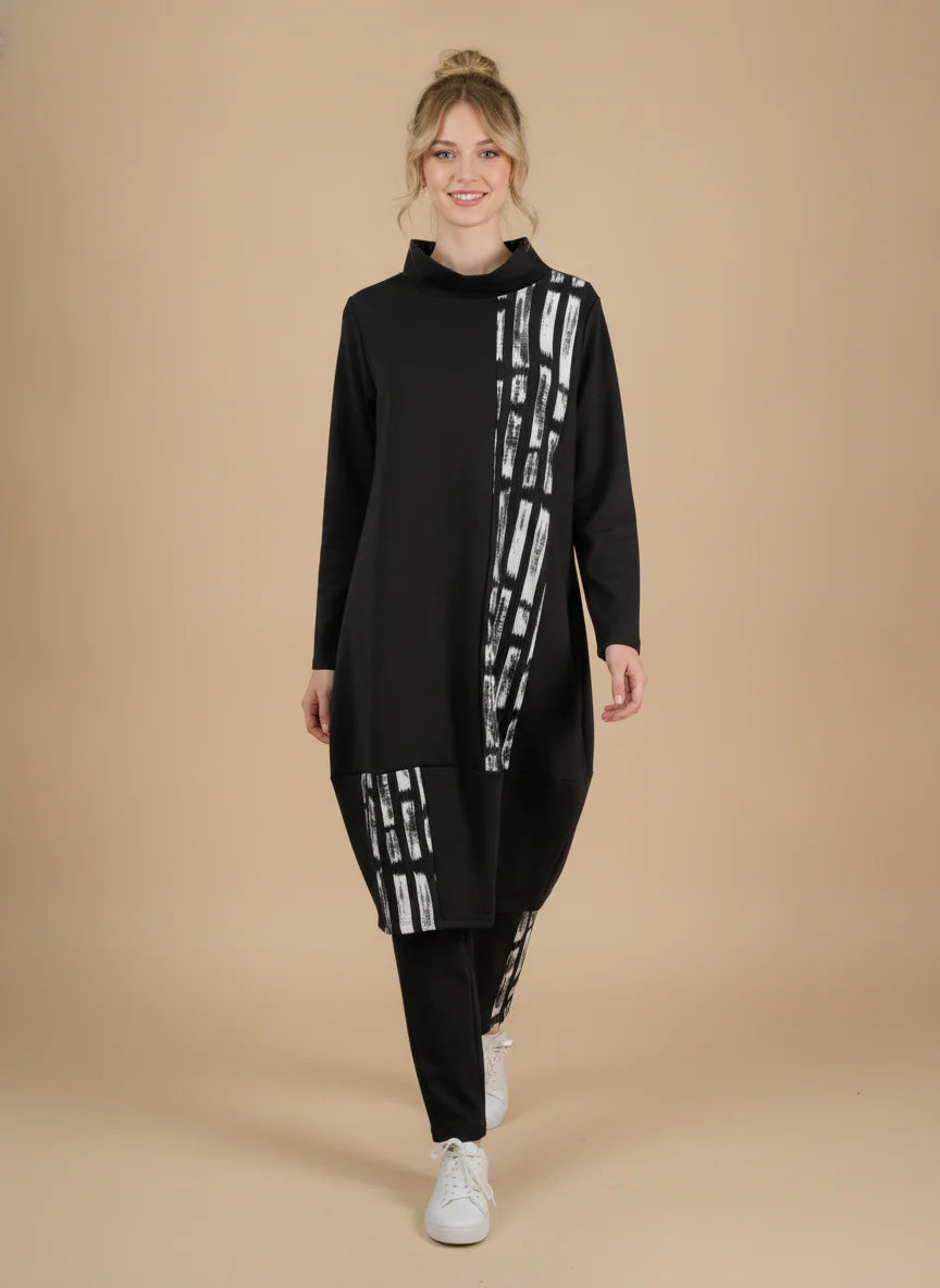 MOONLIGHT Black and White Abstract Print Cowl Neck Black Long Sleeve Dress - MD6017