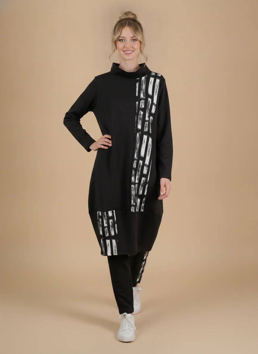 MOONLIGHT Black and White Abstract Print Cowl Neck Black Long Sleeve Dress - MD6017