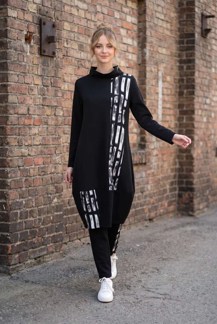 MOONLIGHT Black and White Abstract Print Cowl Neck Black Long Sleeve Dress - MD6017