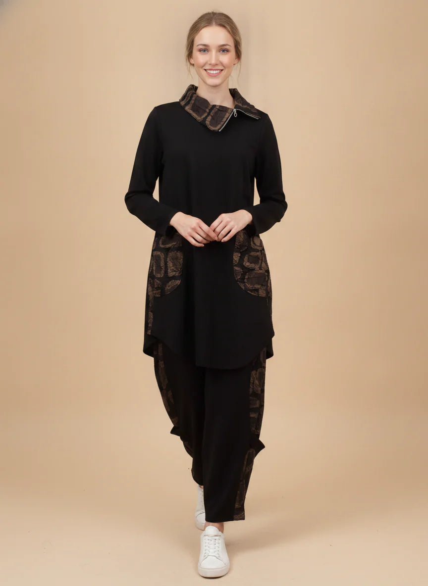 MOONLIGHT Black and Brown Long Zipper Collar Top w/ Pockets - MD6018
