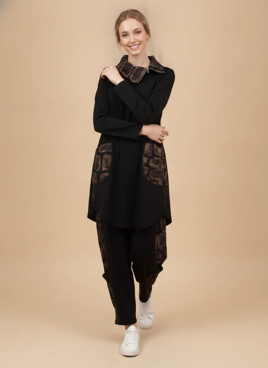 MOONLIGHT Black and Brown Long Zipper Collar Top w/ Pockets - MD6018