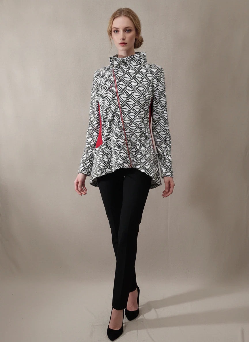 MOONLIGHT Geometric Patterned Asymmetric Zip Up Jacket w/ Cinched Back - MJ6006
