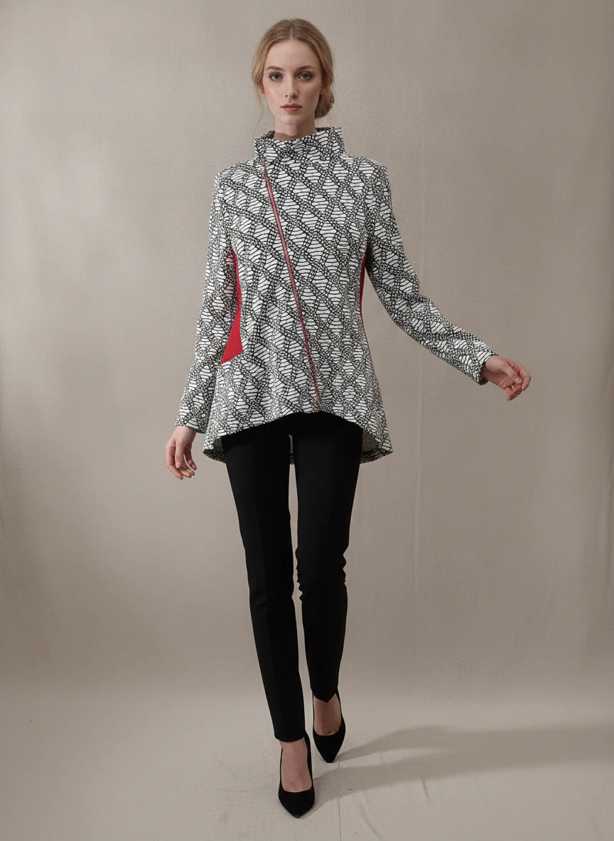 MOONLIGHT Geometric Patterned Asymmetric Zip Up Jacket w/ Cinched Back - MJ6006