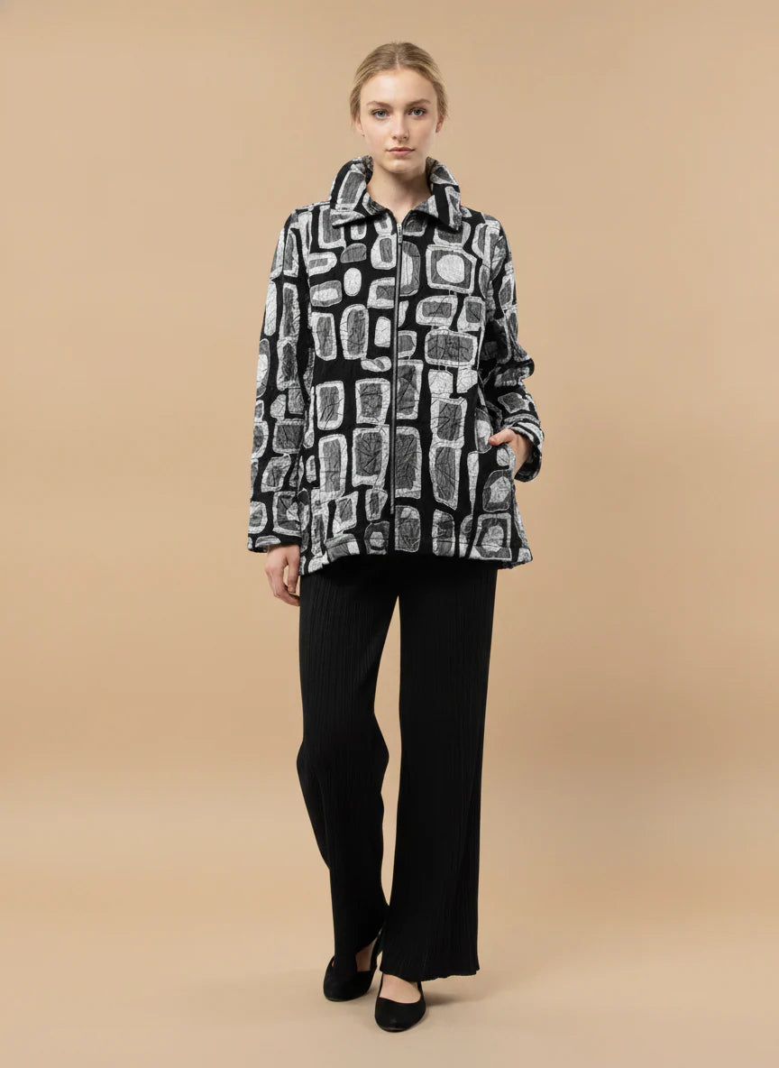 MOONLIGHT Silver and Black Geometric Quilted Longsleeve Collar Jacket - MJ6009