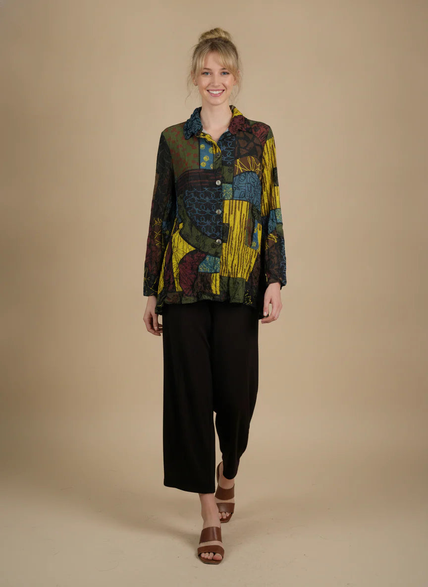 MOONLIGHT Multicolor Abstract Button Down Collar Top - MJ6011 - KIWI/MIX