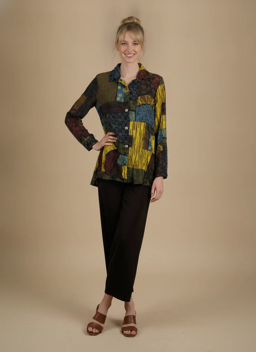 MOONLIGHT Multicolor Abstract Button Down Collar Top - MJ6011 - KIWI/MIX