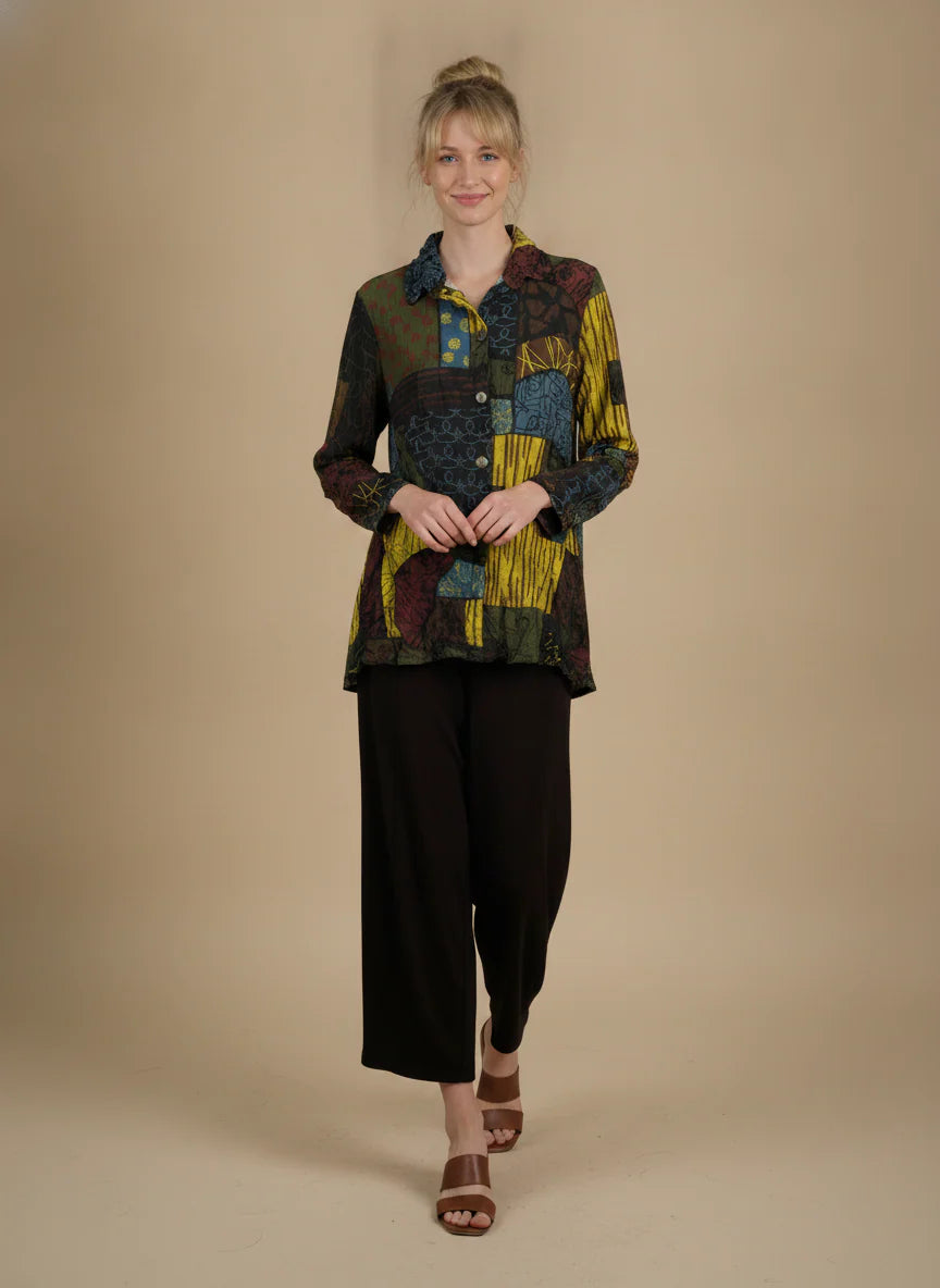MOONLIGHT Multicolor Abstract Button Down Collar Top - MJ6011 - KIWI/MIX