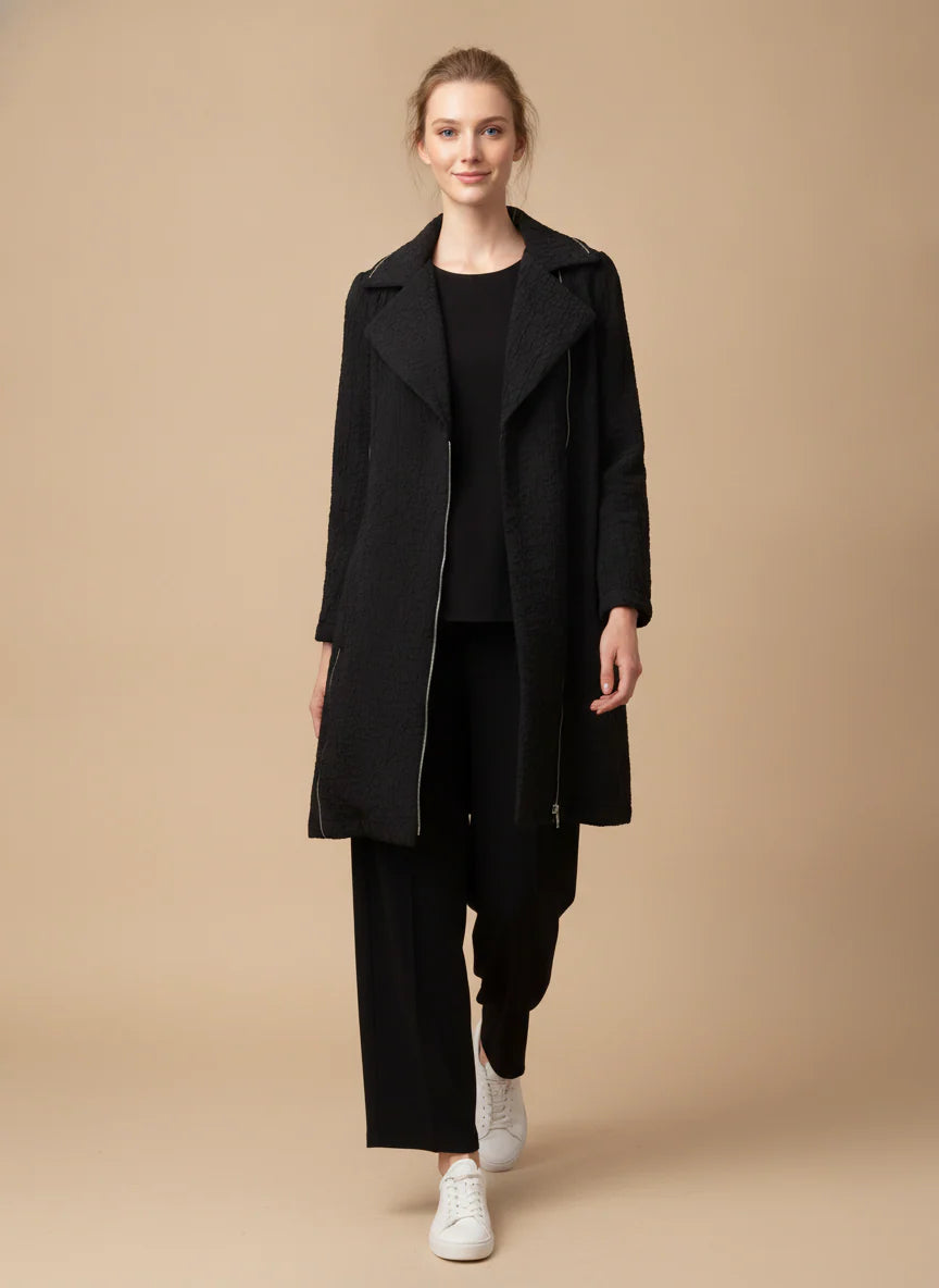 MOONLIGHT Black Long Zip Up Collared Coat - MJ6015 - BLACK