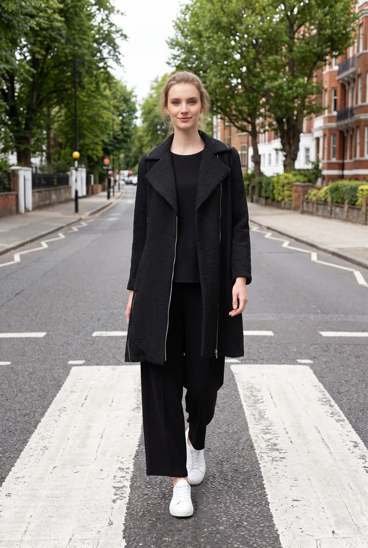 MOONLIGHT Black Long Zip Up Collared Coat - MJ6015 - BLACK
