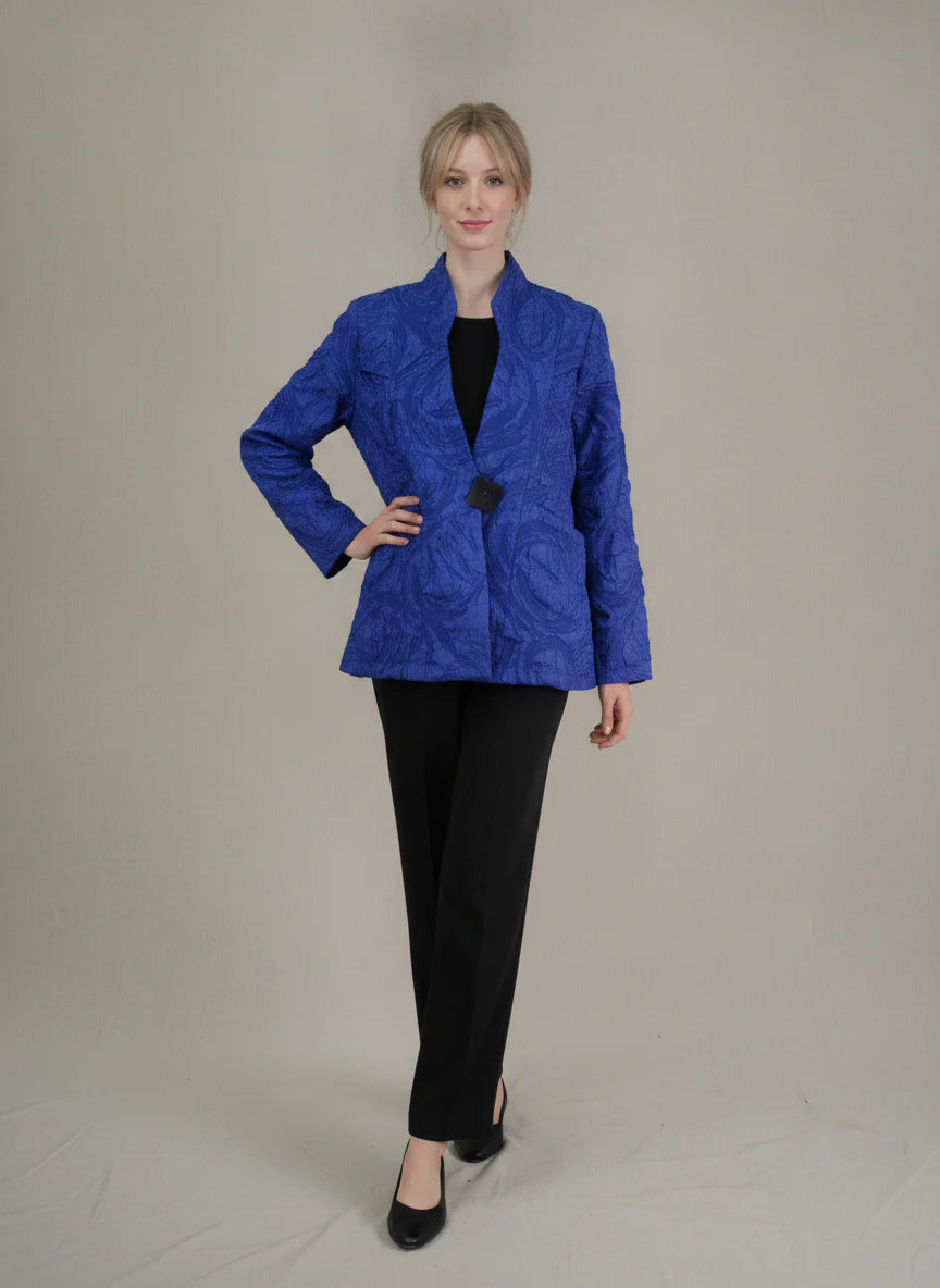 MOONLIGHT Blue Embossed Floral One Button Collar Top - MJ6019 - BLACK (NOT BLUE)