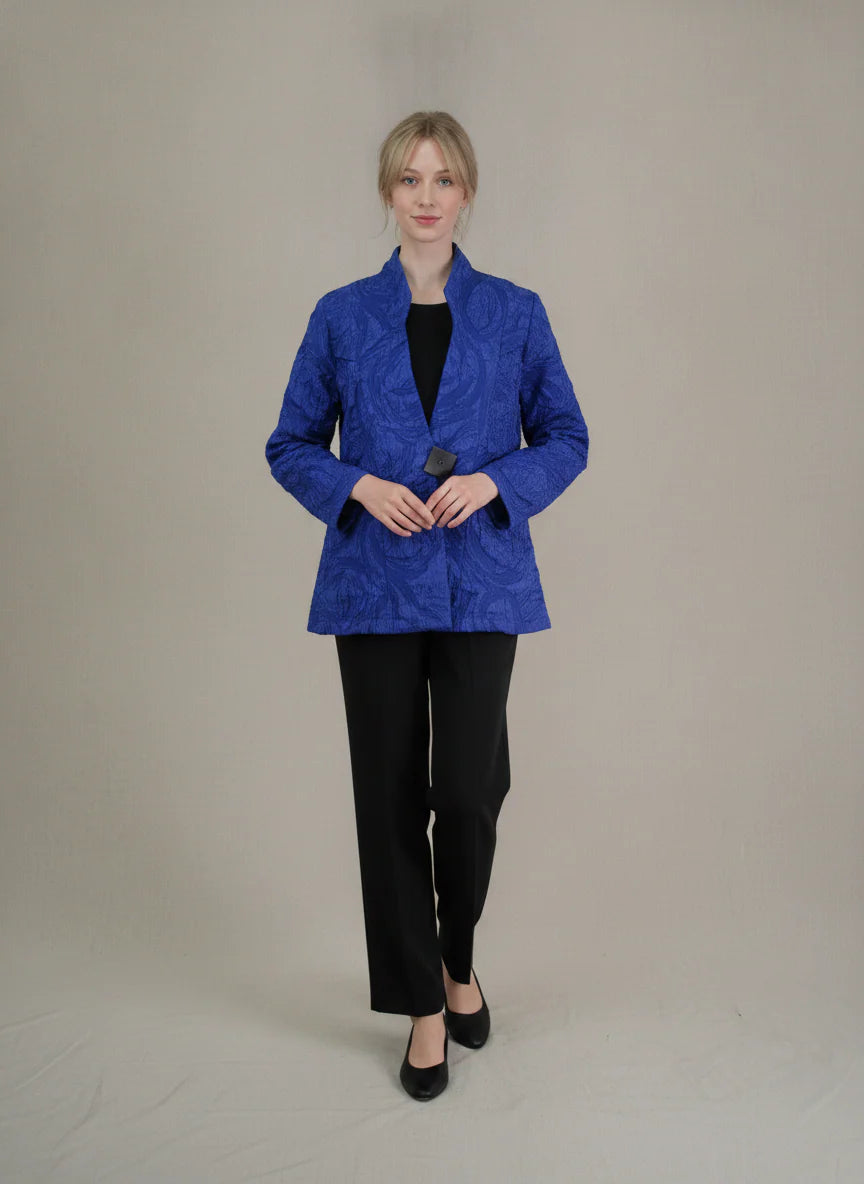 MOONLIGHT Blue Embossed Floral One Button Collar Top - MJ6019 - BLACK (NOT BLUE)