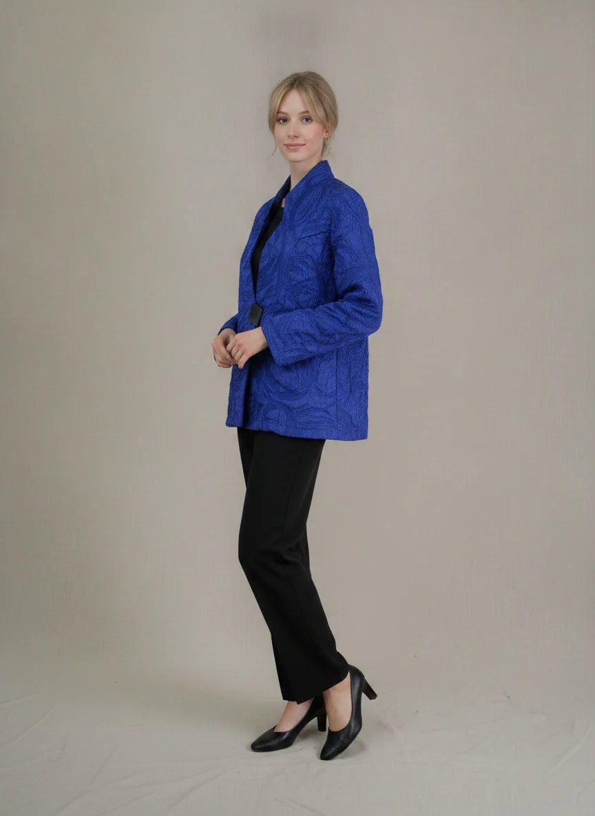 MOONLIGHT Blue Embossed Floral One Button Collar Top - MJ6019 - BLUE