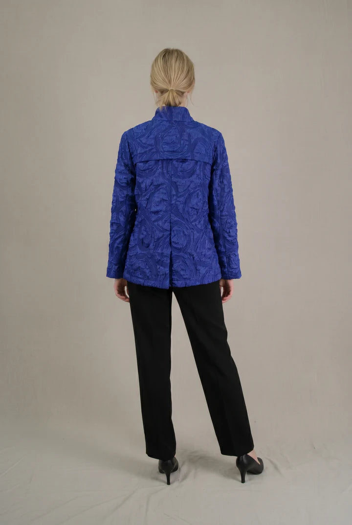 MOONLIGHT Blue Embossed Floral One Button Collar Top - MJ6019 - BLUE