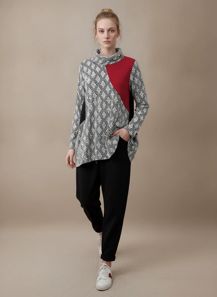 MOONLIGHT Geometric Patterned Mock Neck Top - MT6002