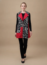 MOONLIGHT Red, Black, and White Collared Zip Up Long Vest - MV6016