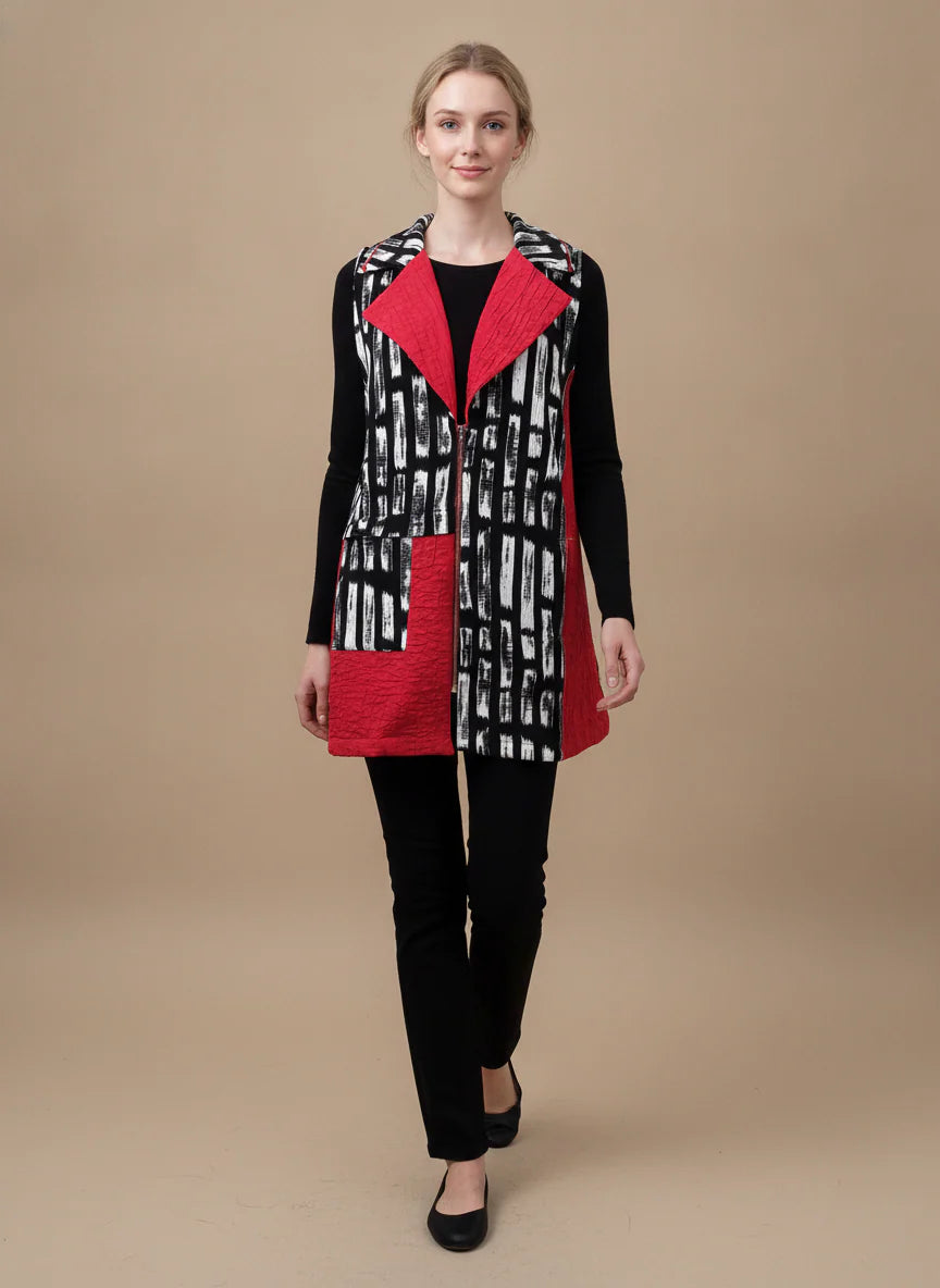 MOONLIGHT Red, Black, and White Collared Zip Up Long Vest - MV6016