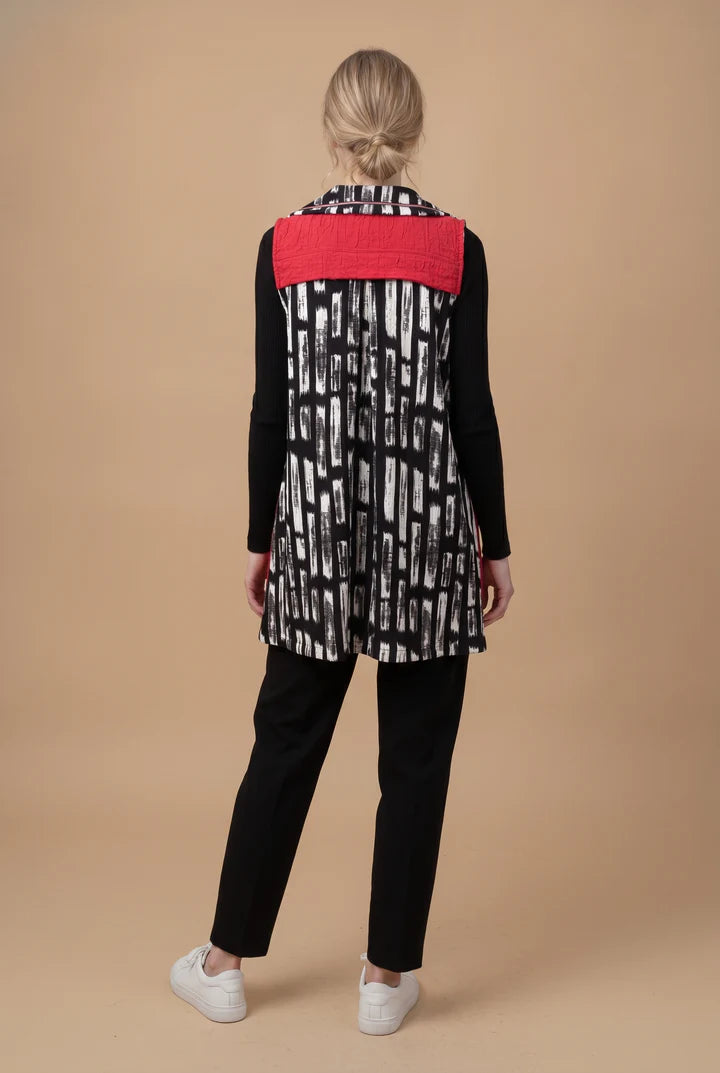 MOONLIGHT Red, Black, and White Collared Zip Up Long Vest - MV6016