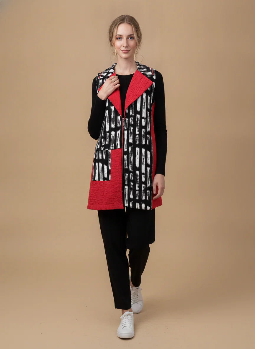 MOONLIGHT Red, Black, and White Collared Zip Up Long Vest - MV6016