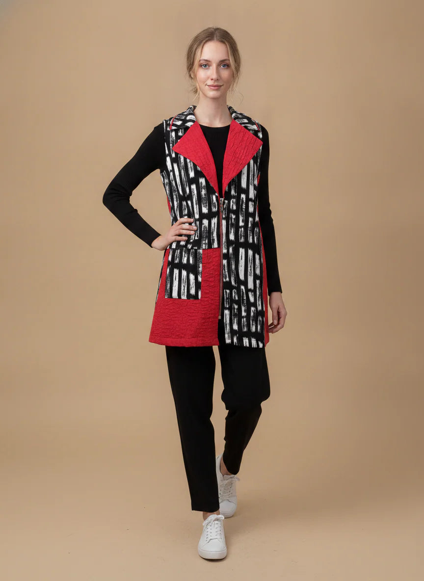 MOONLIGHT Red, Black, and White Collared Zip Up Long Vest - MV6016