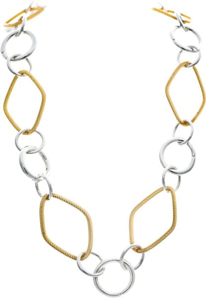 RAIN Gold Rope Texture Ellipse and Silver Rings Alternating Necklace
